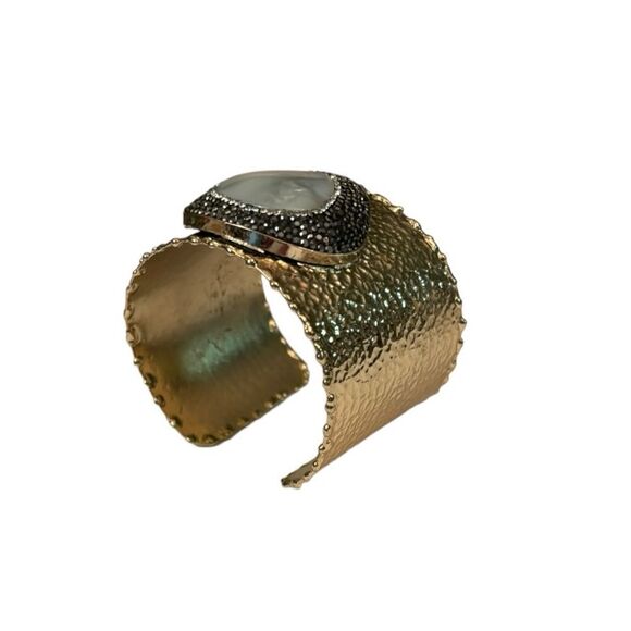Ornate Gold Rhinestone and Opal Fashion Cuff Bracelet - Picture 3 of 7